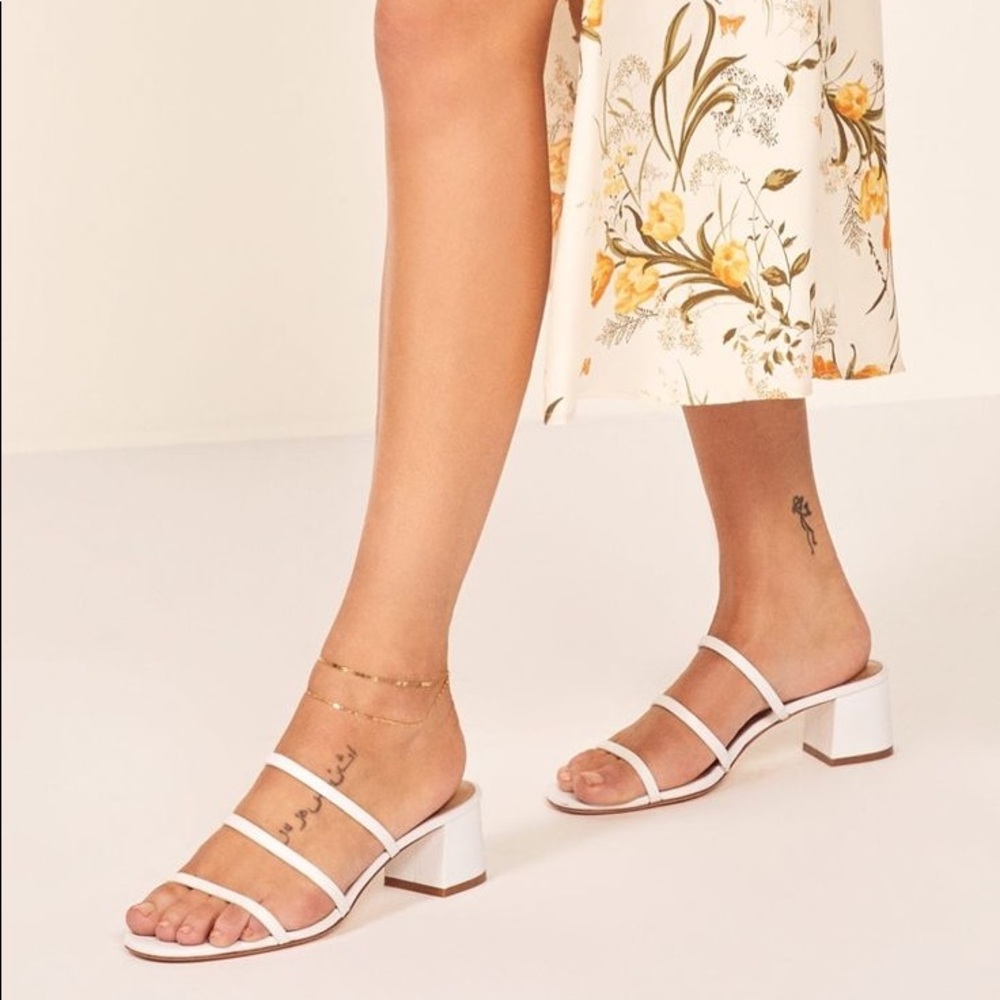 Reformation Ménage Sandal - White Strappy Block Heel Mule, LIGHTLY WORN